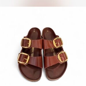 Birkenstock Arizona Cognac Embossed Leather Sandals With Big Gold Buckle